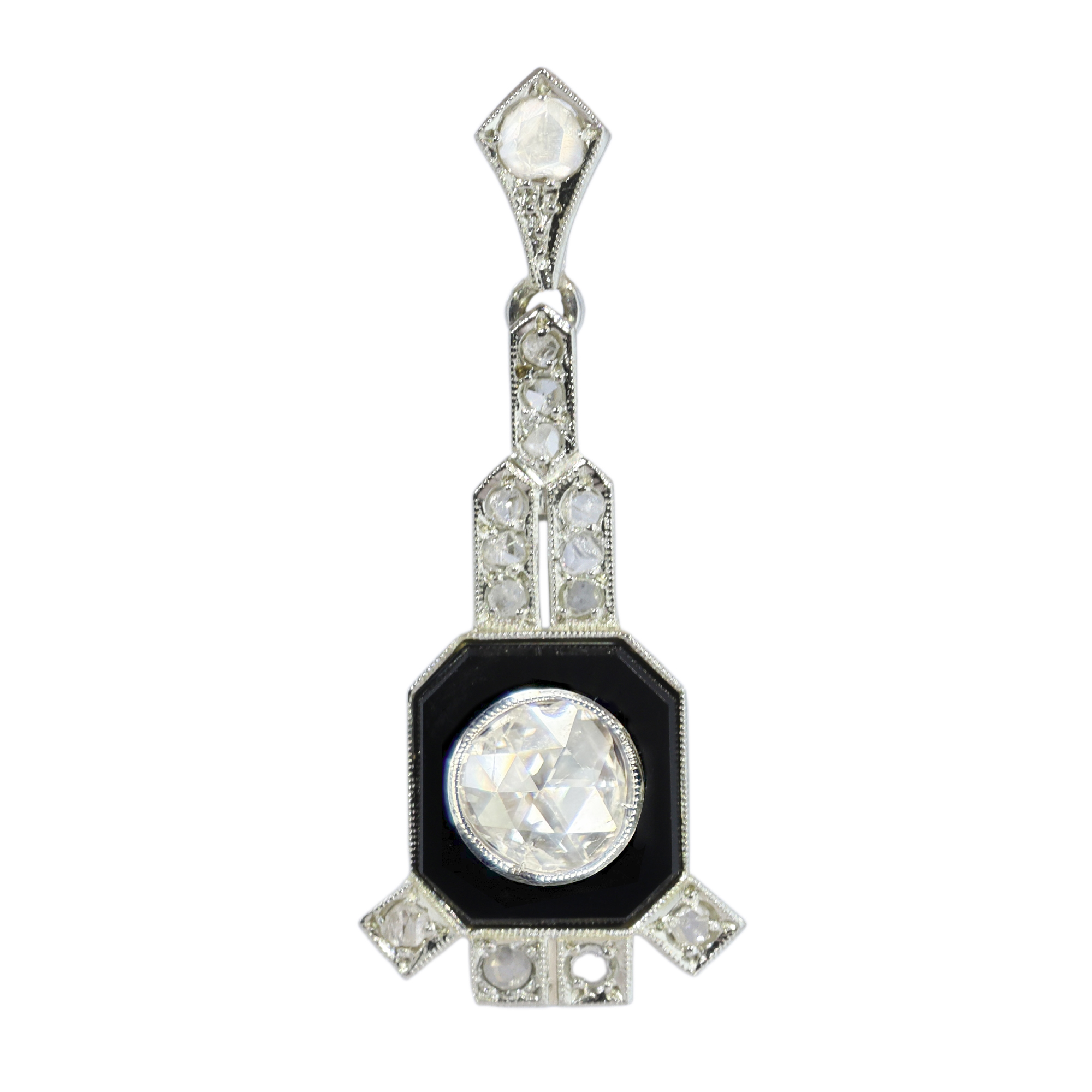 Circa 1930 Art Deco pendant, onyx plaque with a prominent rose cut diamond